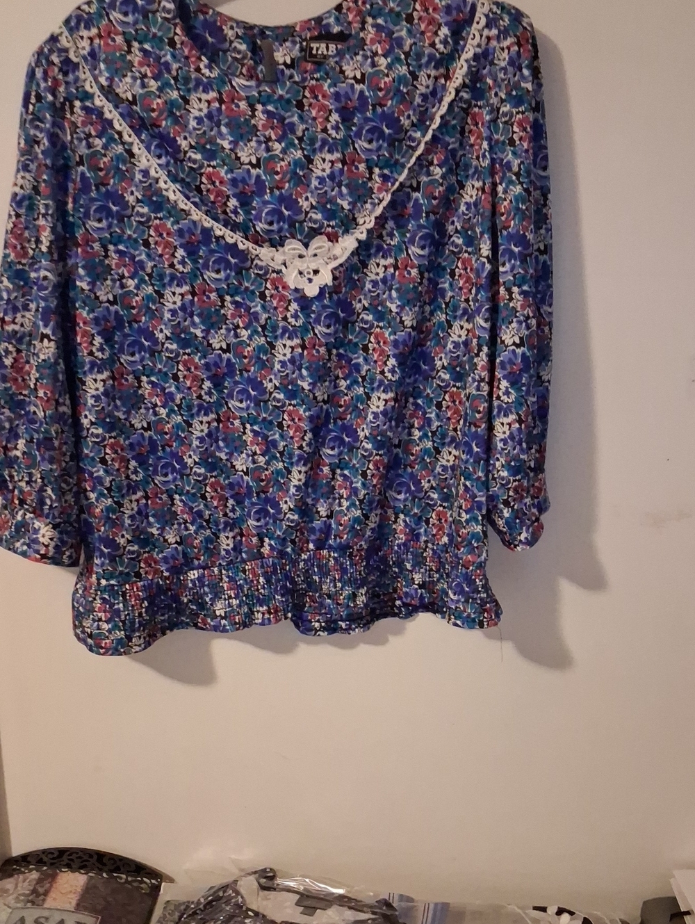 Blue Floral Lace-Trim Peasant Blouse